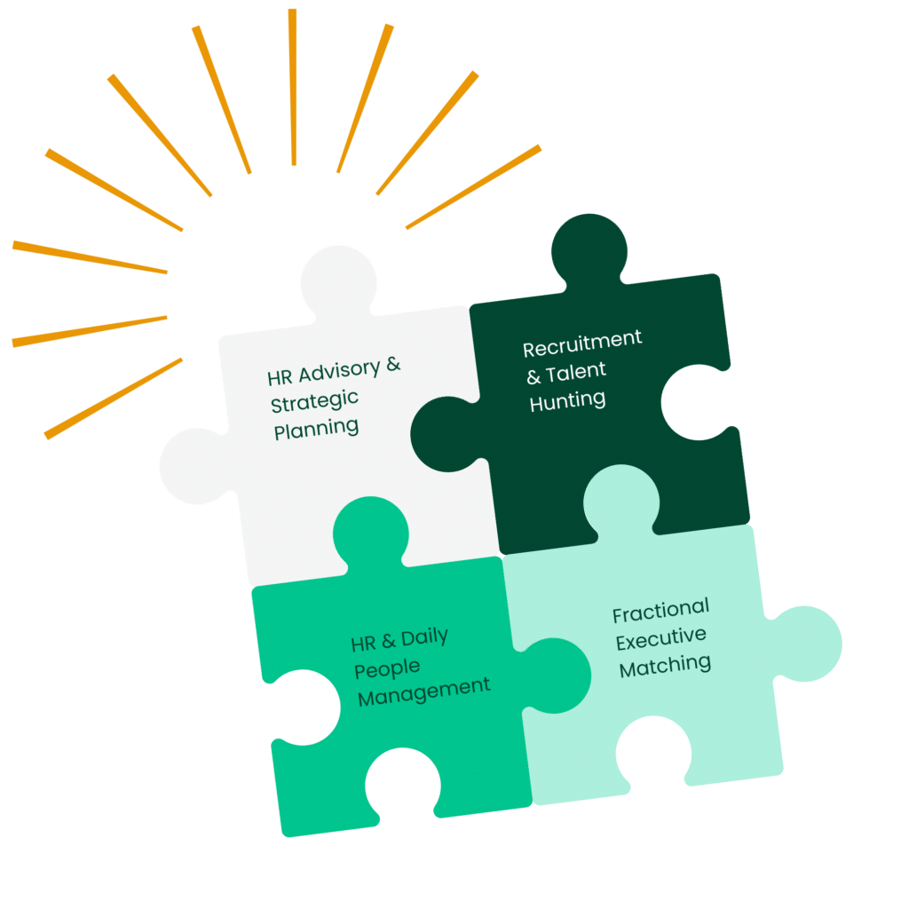 Four green puzzle pieces, connected into a square, each representing an area of HR services provided by the company.