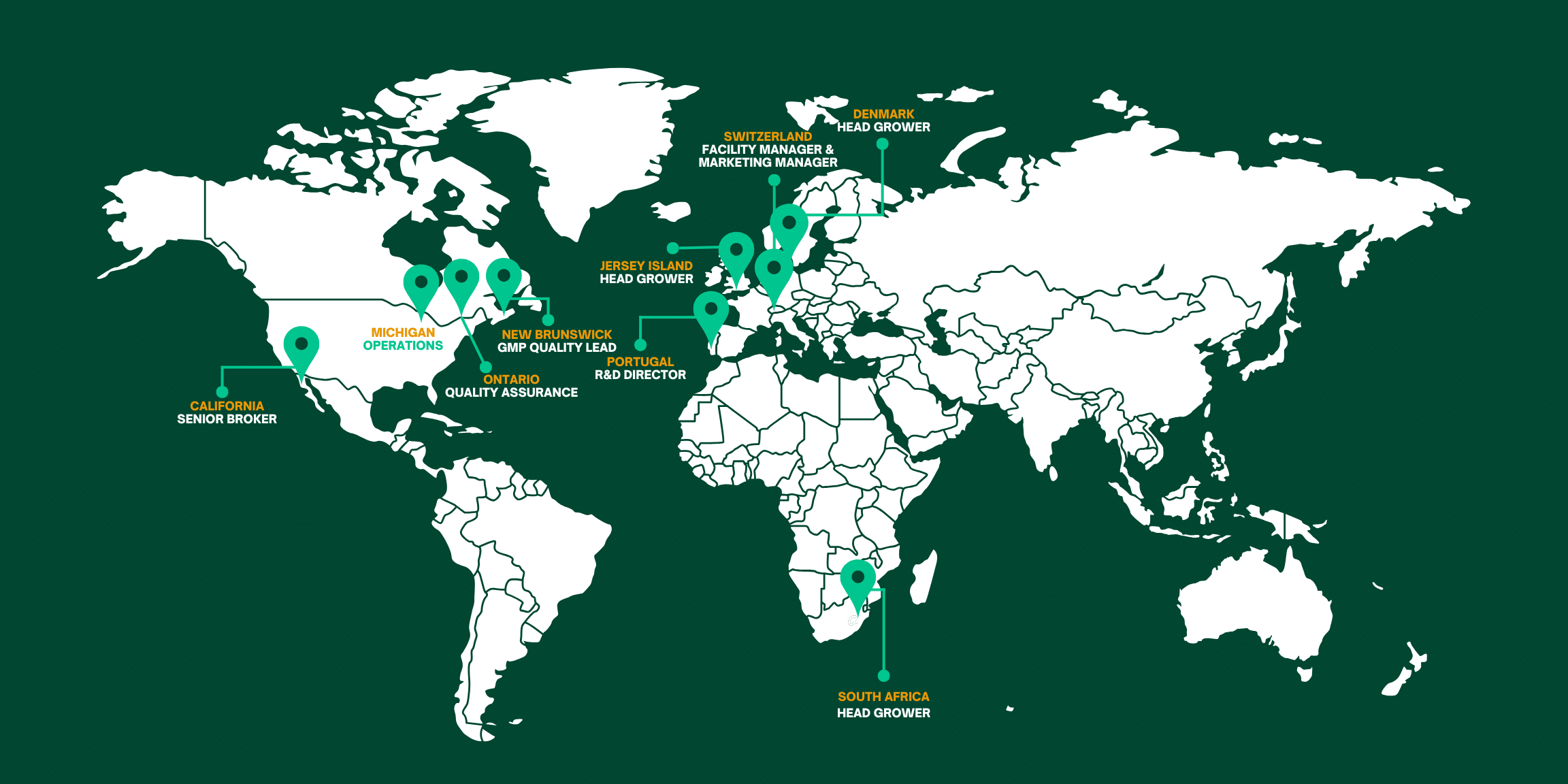 Global Map with location flags on the locations where Emerald Lane has placed cannabis professionals.